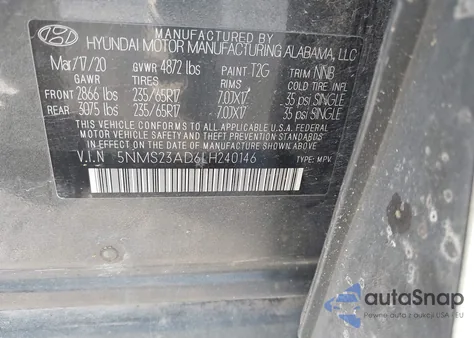 2020 Hyundai Santa Fe Se from USA, damaged, VIN 5NMS23AD6LH240146